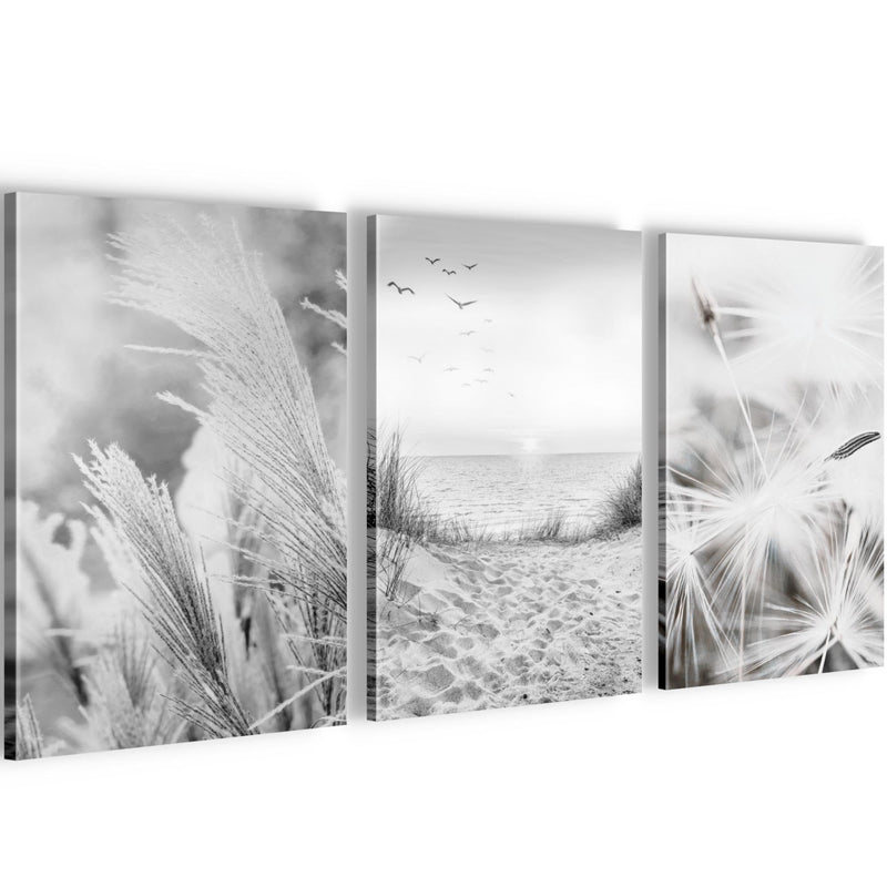 Novart Quadros Spiaggia Mare Boho - Completamente Pronto Da Appendere - Soggiorno Camera da letto Corridoio Decorazione Elegante - Set 3 Pezzi Grigio - N033830b