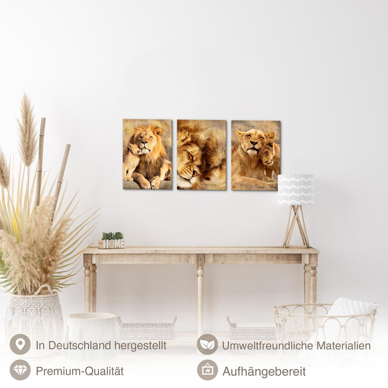 Novart Quadros Leoni Africa Animali - Completamente Pronto Da Appendere - Soggiorno Camera da letto Corridoio Decorazione Elegante - Set 3 Pezzi Beige - N036230a