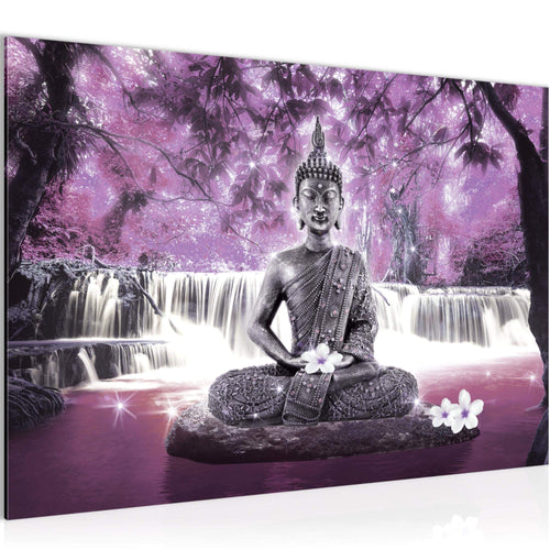 Runa Art Bild Buddha Wasserfall Modern Wandbilder Wohnzimmer Schlafzimmer 1 Teilig - Made In Germany - Landschaft Violett Lila Flur 503515c