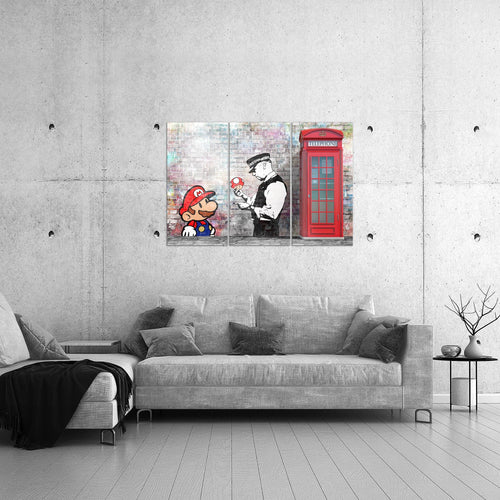 Runa Art Wandbilder Super Mario And Cop Bild XXL Jugendzimmer Wohnzimmer Grau Bunt Graffiti 120 x 80 cm 3 Teilig 032931b