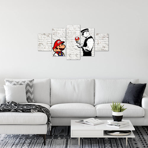 Runa Art Wandbilder Mario and Cop Banksy 5 Teilig Bild auf Vlies Leinwand Deko Jugendzimmer Wohnzimmer Street Art Weiss Bunt 006552a