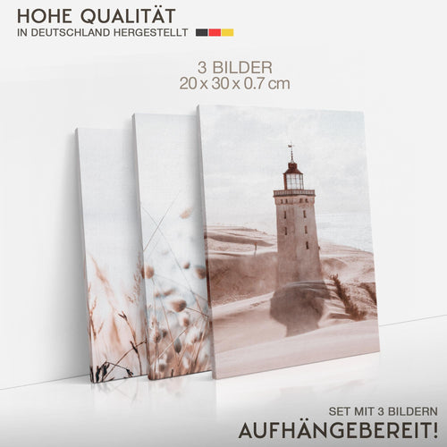 Novart Quadros Torre di luce Boho Mare - Completamente Pronto Da Appendere - Soggiorno Camera da letto Corridoio Decorazione Elegante - Set 3 Pezzi Beige - N034930a