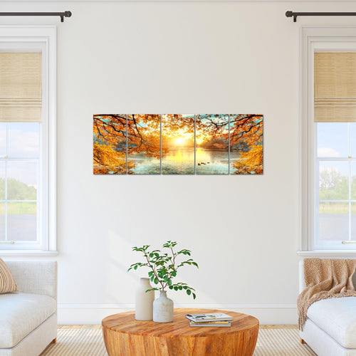 Runa Art Bild Sonniger Wald Wandbilder auf Vlies Leinwand 5 Teilig Wanddekoration Wohnzimmer Schlafzimmer 050056a