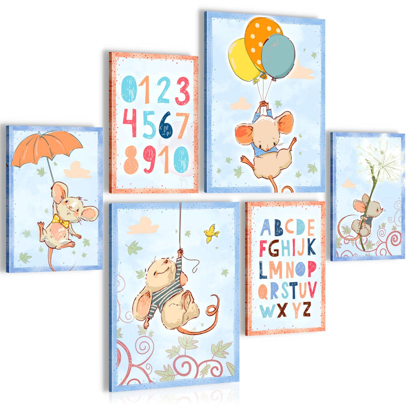 Novart Wandbilder Set Tiere Maus - KEIN EXTRA RAHMEN BENÖTIGT -  Modern Deko  - Kinderzimmer Mädchen Junge N017763a