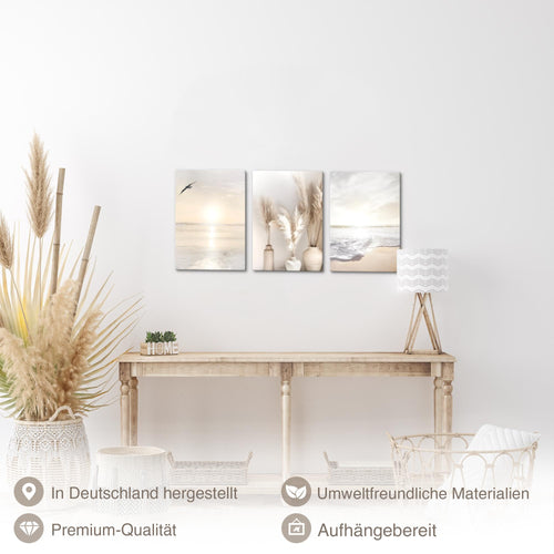 Novart Quadros Spiaggia Mare Boho - Completamente Pronto Da Appendere - Soggiorno Camera da letto Corridoio Decorazione Elegante - Set 3 Pezzi Beige - N029430a