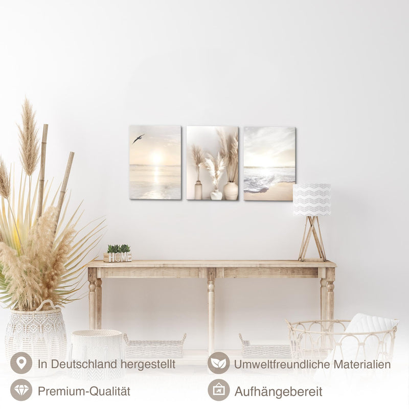 Novart Quadros Spiaggia Mare Boho - Completamente Pronto Da Appendere - Soggiorno Camera da letto Corridoio Decorazione Elegante - Set 3 Pezzi Beige - N029430a