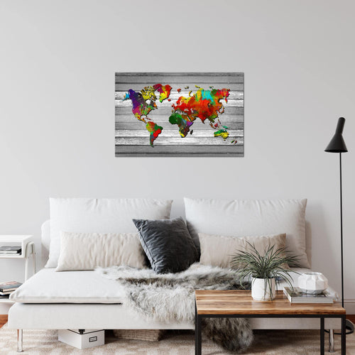 Runa Art Bild Weltkarte Modern Wandbilder Wohnzimmer Büro 1 Teilig - Made In Germany - Kontinente Holz Bunt Flur 105415b