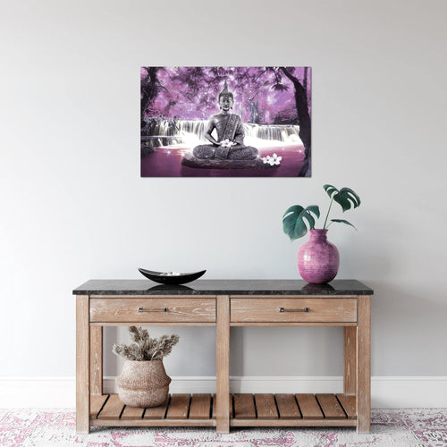 Runa Art Bild Buddha Wasserfall Modern Wandbilder Wohnzimmer Schlafzimmer 1 Teilig - Made In Germany - Landschaft Violett Lila Flur 503515c