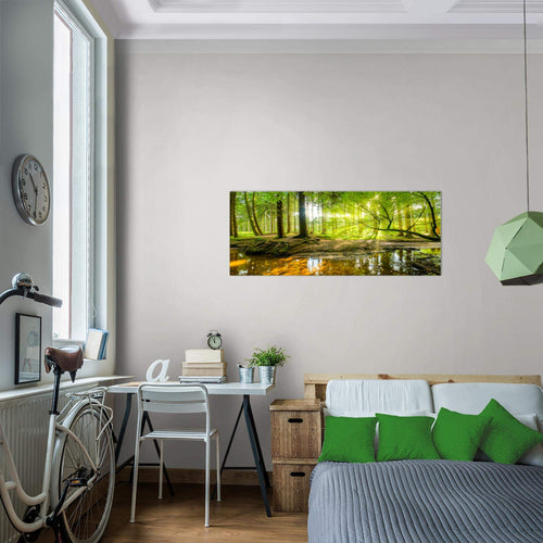 Runa Art Wandbild Landschaft 100 x 40 cm Modern Bild auf Vlies Leinwand Grün Wohnzimmer Schlafzimmer Büro Wald 611712a