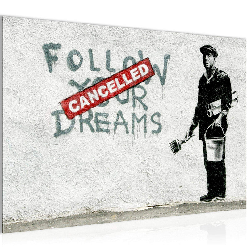 Runa Art Bild Banksy Follow your Dreams Modern Wandbilder Loft Wohnzimmer 1 Teilig - Made In Germany - Street Art Grau Flur 301915a