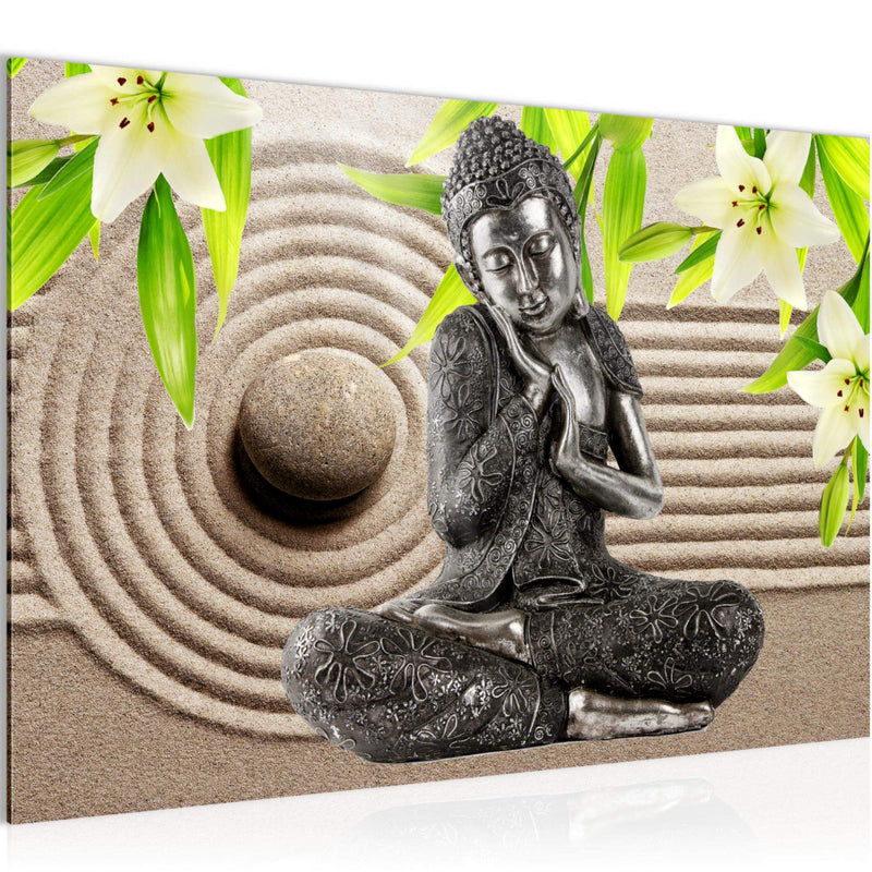 Runa Art Bild Buddha Feng Shui Modern Wandbilder Wohnzimmer Schlafzimmer 1 Teilig - Made In Germany - Lilien Beige Grün Flur 505515b