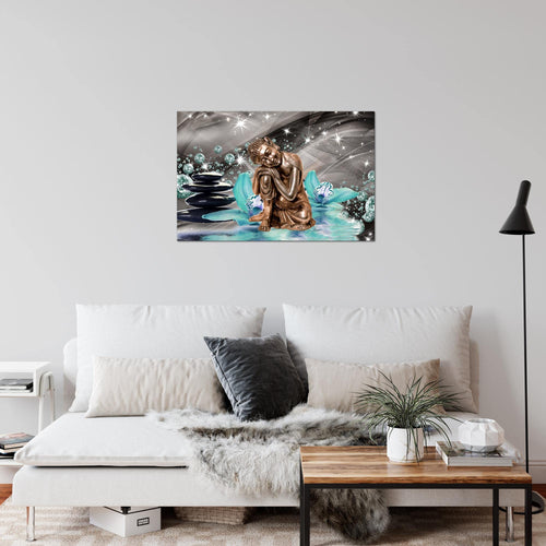 Runa Art Bild Buddha Orchidee Modern Wandbilder Wohnzimmer Schlafzimmer 1 Teilig - Made In Germany - Abstrakt Türkis Grau Flur 505315b