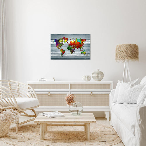 Runa Art Bild Weltkarte Modern Wandbilder Wohnzimmer Büro 1 Teilig - Made In Germany - Kontinente Holz Bunt Flur 105415c