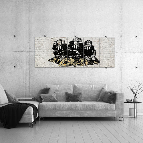 Runa Art Wandbild XXL Street Art Affen Loft Wohnzimmer 200 x 80 cm Grau 5 Teilig - Made in Germany - 303455a
