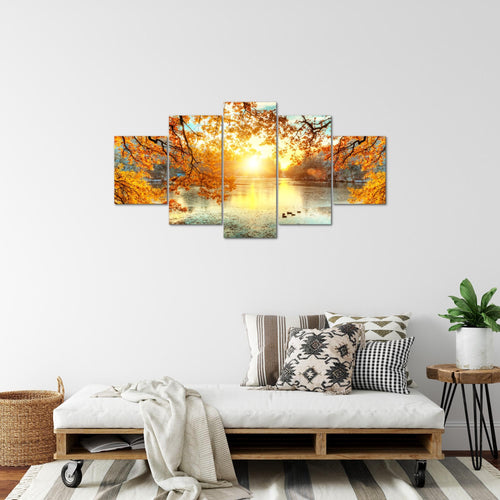 Runa Art Bild Wohnzimmer Schlafzimmer Sonniger Wald 5 Teilig Wald Natur Orange Gelb Wandbilder auf Vlies Leinwand 050053a