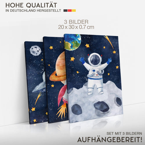 Novart Quadros In tutto il mondo Razzo - Completamente Pronto Da Appendere - Camera dei bambini Decorazione Elegante - Set 3 Pezzi Blu Colorati - N030030a