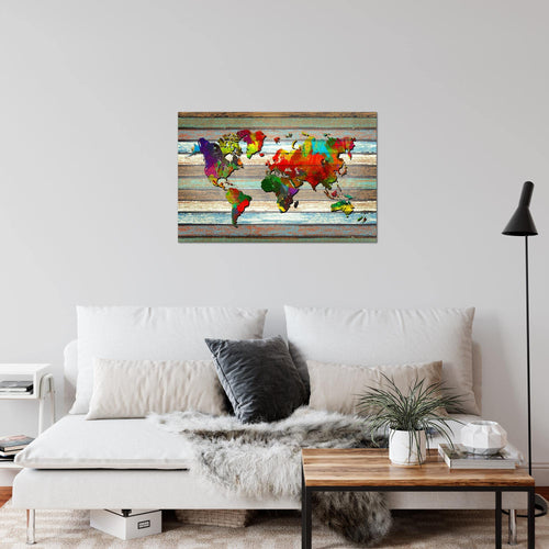 Runa Art Bild Weltkarte Modern Wandbilder Wohnzimmer Büro 1 Teilig - Made In Germany - Vintage Holz Bunt Flur 105415a