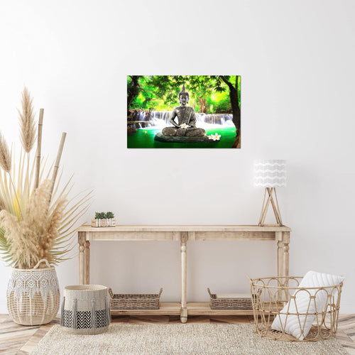 Runa Art Bild Buddha Wasserfall Modern Wandbilder Wohnzimmer Schlafzimmer 1 Teilig - Made In Germany - Feng Shui Grün Flur 503515a