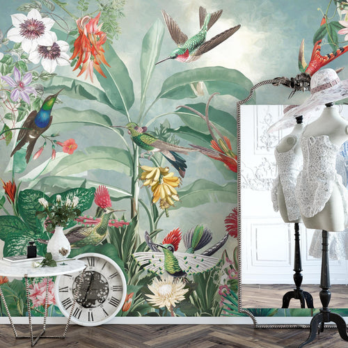 Novart Fototapete Blumen 396 x 280 cm Wandtapete Blumenwiese Vögel Wohnzimmer Schlafzimmer - N9127012a