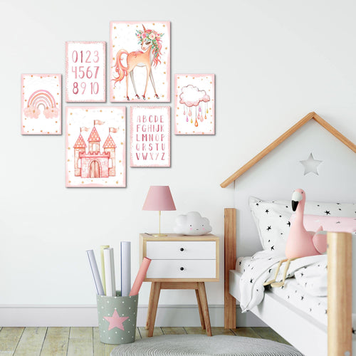 Novart Wandbilder Set Einhorn  Rosa  - KEIN EXTRA RAHMEN BENÖTIGT -  Modern Deko  - Kinderzimmer Mädchen N016763a