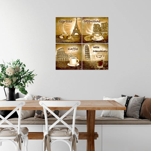 Runa Art Bilder Küche Kaffee 4 Teilig Bild auf Vlies Leinwand Esszimmer Küchenbilder 60 x 60 cm Collage Grün 500744b