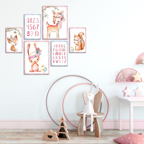 Novart Wandbilder Set Indianer Tiere Rosa - KEIN EXTRA RAHMEN BENÖTIGT -  Modern Deko  - Kinderzimmer Mädchen N016863a