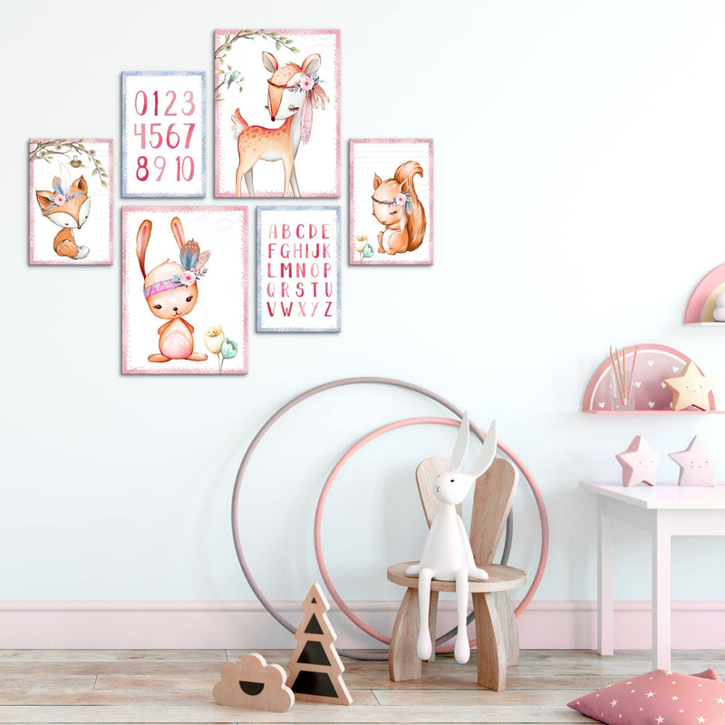 Novart Wandbilder Set Indianer Tiere Rosa - KEIN EXTRA RAHMEN BENÖTIGT -  Modern Deko  - Kinderzimmer Mädchen N016863a