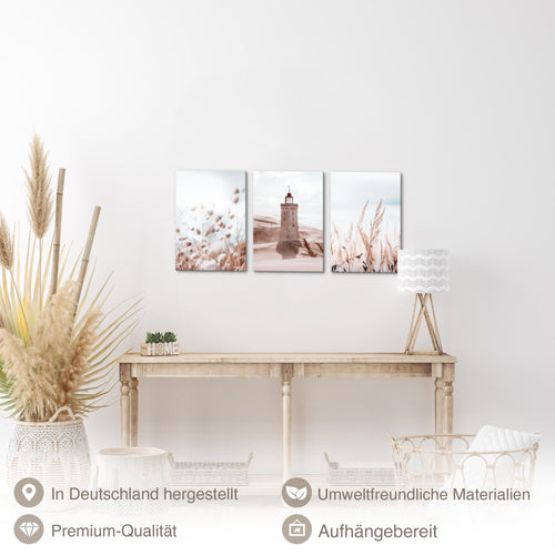 Novart Quadros Torre di luce Boho Mare - Completamente Pronto Da Appendere - Soggiorno Camera da letto Corridoio Decorazione Elegante - Set 3 Pezzi Beige - N034930a