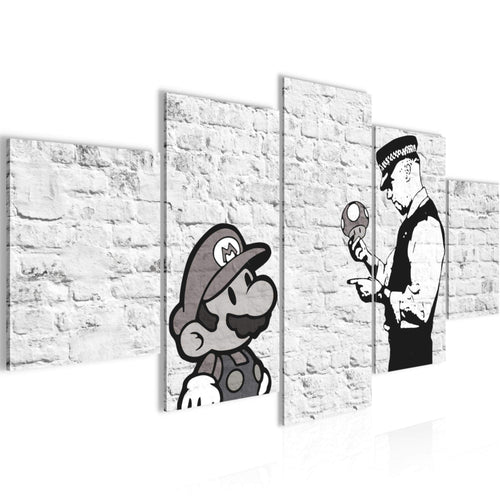 Runa Art Wandbilder Mario and Cop Banksy 5 Teilig Bild auf Vlies Leinwand Deko Jugendzimmer Wohnzimmer Art Schwarz Weiss 006552c