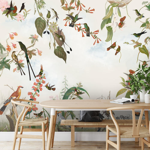 Novart Fototapete Blumen 396 x 280 cm Wandtapete Blumenwiese Vögel Wohnzimmer Schlafzimmer - N9124012a