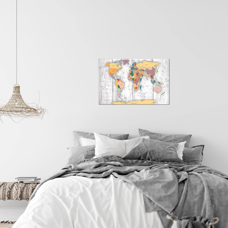 Runa Art Bild Weltkarte Holz Modern Wandbilder Wohnzimmer Büro 1 Teilig - Made In Germany - Kontinente Weiss Flur 108715c