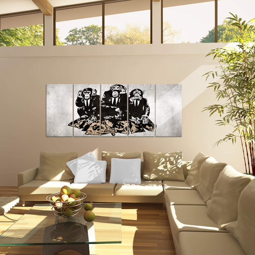 Runa Art Wandbild XXL Street Art Affen Loft Wohnzimmer 200 x 80 cm Grau 5 Teilig - Made in Germany - 303455b