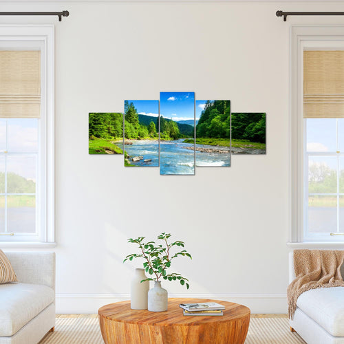 Runa Art - Bilder Wald Fluss 200 x 100 cm 5 Teilig XXL Wanddekoration Design Grün Blau Natur 049851a