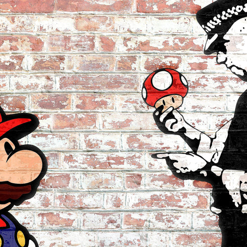 Runa Art Wandbilder Mario and Cop Banksy 5 Teilig Bild auf Vlies Leinwand Deko Jugendzimmer Wohnzimmer Street Art Braun Bunt 006552b