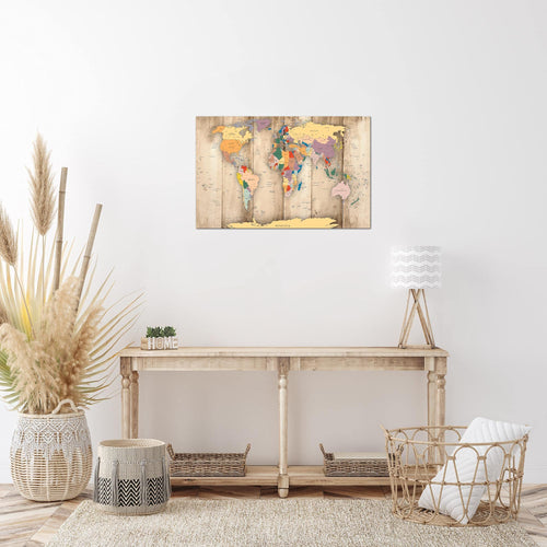 Runa Art Bild Weltkarte Holz Modern Wandbilder Wohnzimmer Büro 1 Teilig - Made In Germany - Kontinente Biege Flur 108715a