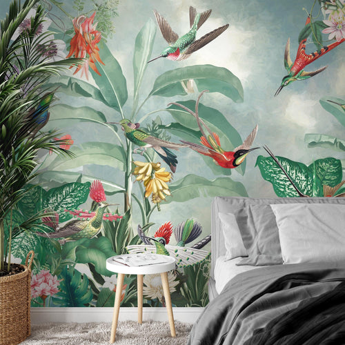 Novart Fototapete Blumen 396 x 280 cm Wandtapete Blumenwiese Vögel Wohnzimmer Schlafzimmer - N9127012a