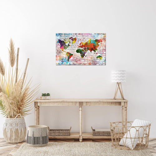 Runa Art Bild Weltkarte Modern Wandbilder Wohnzimmer Büro 1 Teilig - Made In Germany - Steinoptik Ziegel Bunt Flur 106915a