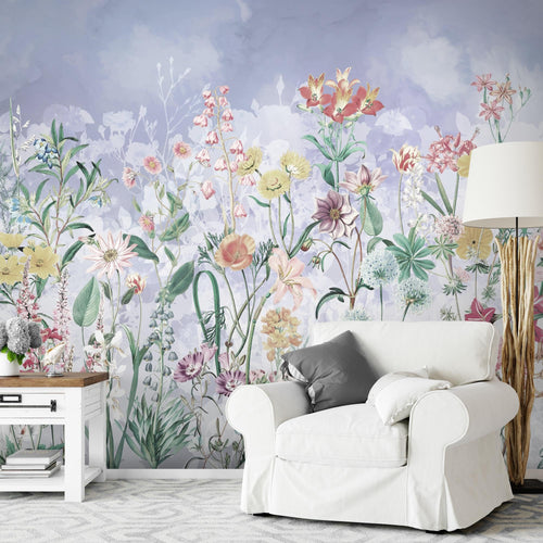 Novart Fototapete Blumen 396 x 280 cm Wandtapete Blumenwiese Blau Wohnzimmer Schlafzimmer - N9130012a