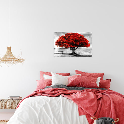 Runa Art Bild Strand Sonnenuntergang Modern Wandbilder Wohnzimmer Schlafzimmer 1 Teilig- Made In Germany - Strand Baum Grau Rot Flur 050615a