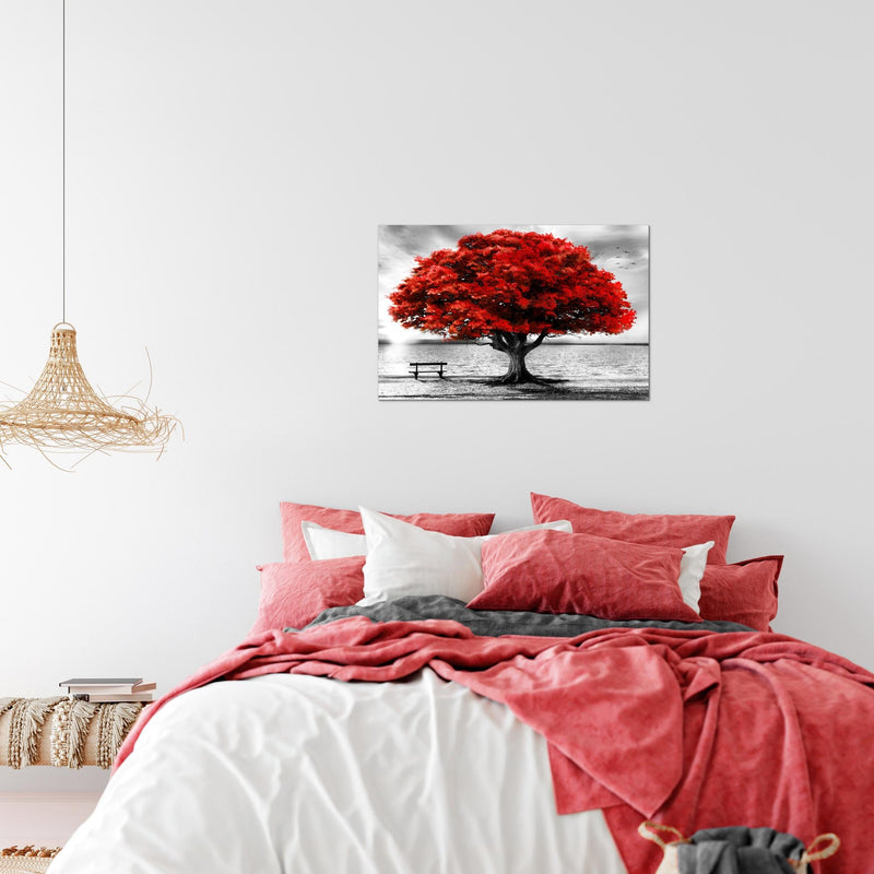 Runa Art Bild Strand Sonnenuntergang Modern Wandbilder Wohnzimmer Schlafzimmer 1 Teilig- Made In Germany - Strand Baum Grau Rot Flur 050615a