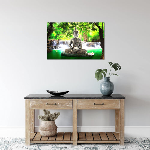 Runa Art Bild Buddha Wasserfall Modern Wandbilder Wohnzimmer Schlafzimmer 1 Teilig - Made In Germany - Feng Shui Grün Flur 503515a