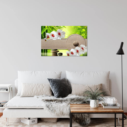 Runa Art Bild Feng Shui Orchidee Modern Wandbilder Wohnzimmer Schlafzimmer 1 Teilig - Made In Germany - Steine Spa Grün Beige Flur 501115b