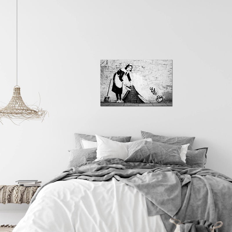 Runa Art Bild Maid Banksy Modern Wandbilder Loft Wohnzimmer 1 Teilig - Made In Germany - Art Schwarz Weiss Flur 301715c