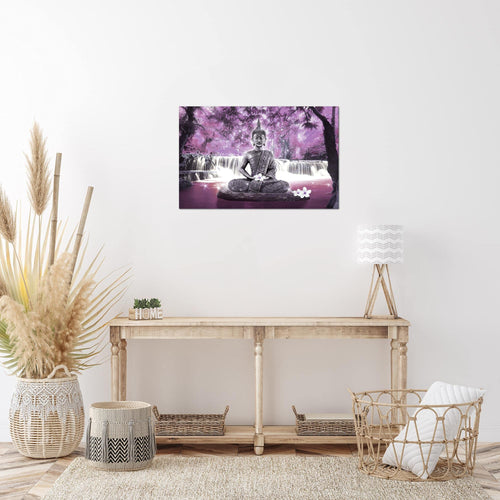 Runa Art Bild Buddha Wasserfall Modern Wandbilder Wohnzimmer Schlafzimmer 1 Teilig - Made In Germany - Landschaft Violett Lila Flur 503515c