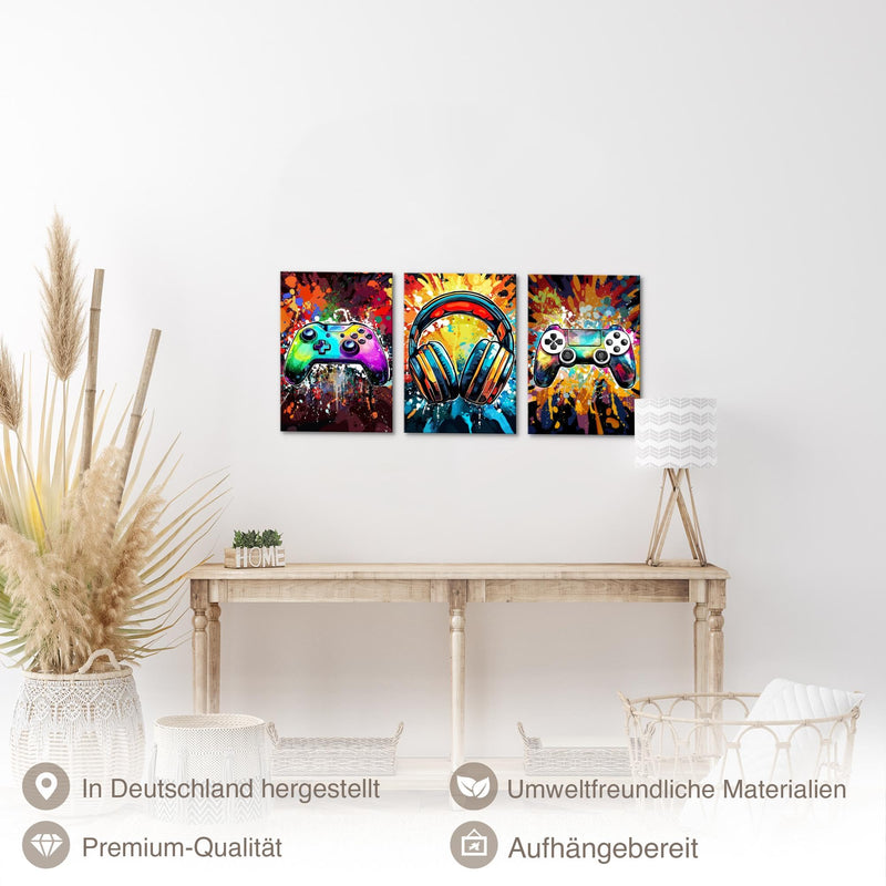 Novart Quadros Console di gioco Giocatore - Completamente Pronto Da Appendere - Camera dei bambini Ragazzi Adolescente Decorazione Elegante - Set 3 Pezzi Colorati - N039430a