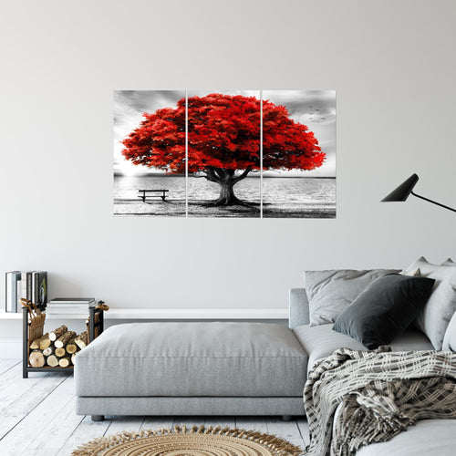 Runa Art Wandbilder Strand Sonnenuntergang Bild XXL Wohnzimmer Schlafzimmer Grau Rot Strand Baum 120 x 80 cm 3 Teilig 050631a