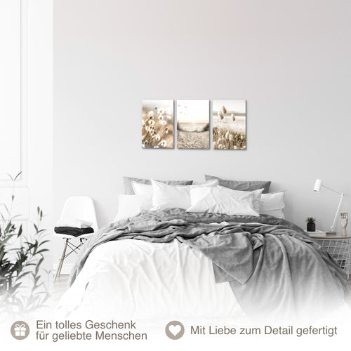 Novart Quadros Boho Erba della pampa - Completamente Pronto Da Appendere - Soggiorno Camera da letto Corridoio Decorazione Elegante - Set 3 Pezzi Beige - N035330a