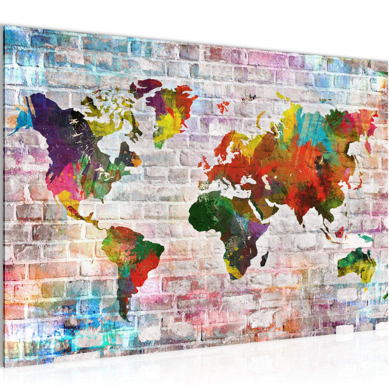 Runa Art Bild Weltkarte Modern Wandbilder Wohnzimmer Büro 1 Teilig - Made In Germany - Steinoptik Ziegel Bunt Flur 106915a