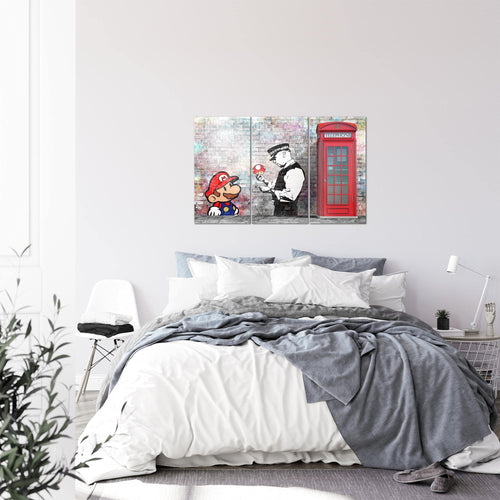 Runa Art Wandbilder Super Mario And Cop Bild XXL Jugendzimmer Wohnzimmer Grau Bunt Graffiti 120 x 80 cm 3 Teilig 032931b