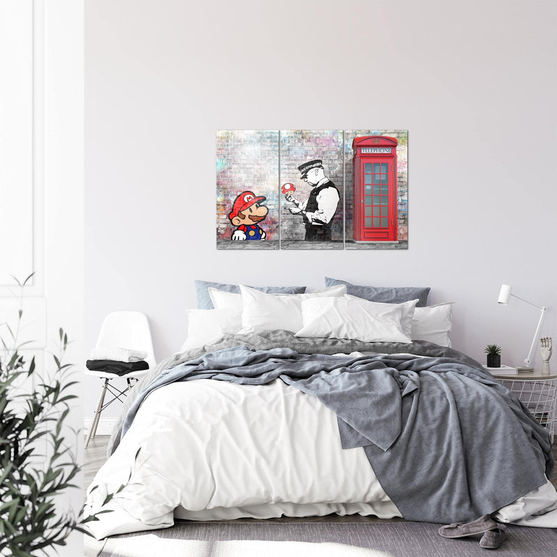 Runa Art Wandbilder Super Mario And Cop Bild XXL Jugendzimmer Wohnzimmer Grau Bunt Graffiti 120 x 80 cm 3 Teilig 032931b